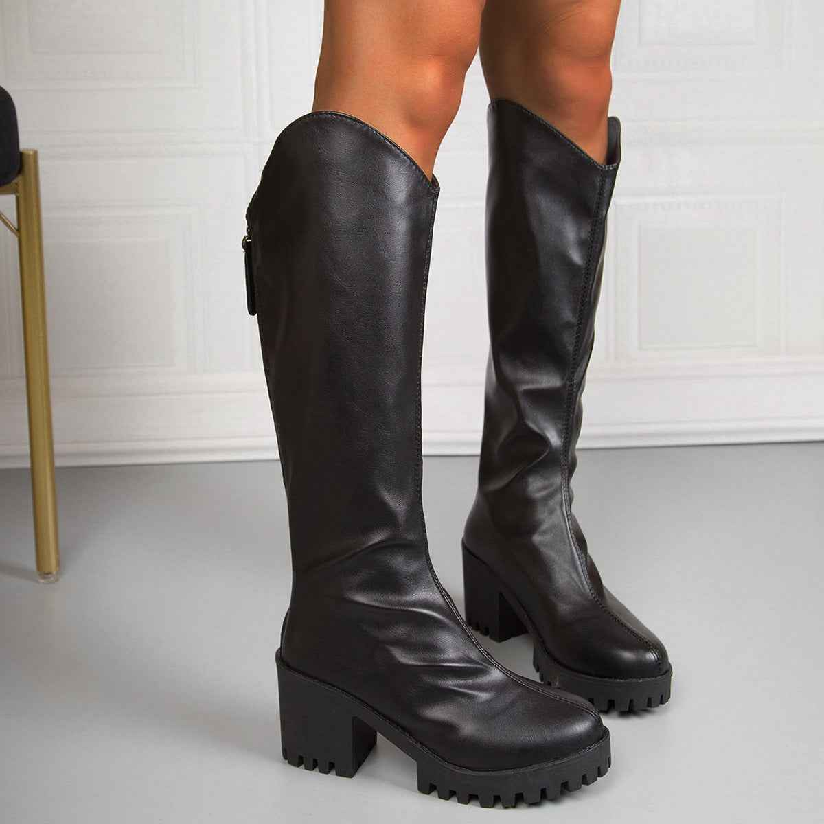 Thick High-heel Knee-high Boots V-neck Black Boots