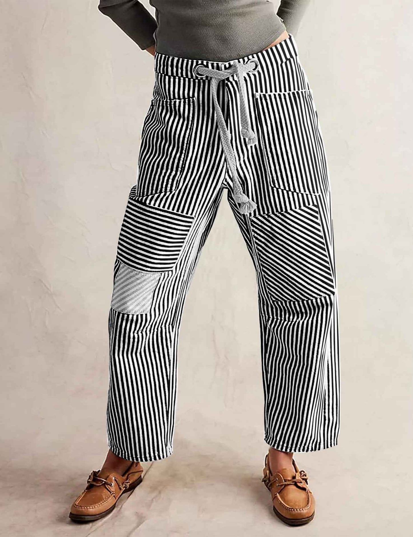 Fashion Commuter Casual Loose Wide Leg Striped Stitching Drawstring Pocket Trousers
