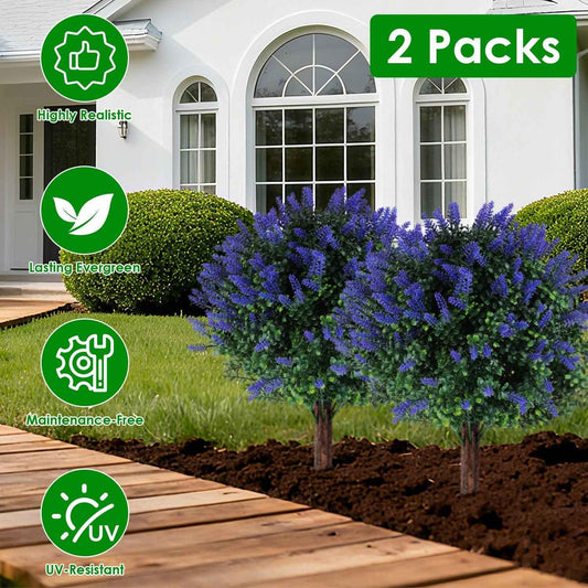 2 Packs Artificial Lavender Topiary Ball Trees - UV Resistant with Ground Spike - DropOnline.co