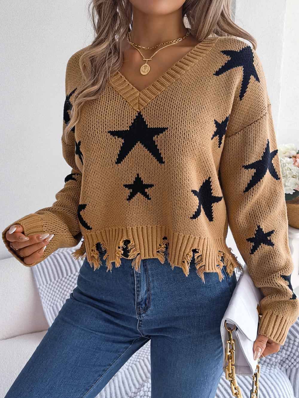 Women Casual V-Neck Star Distressed Long Sleeve Knit Sweater