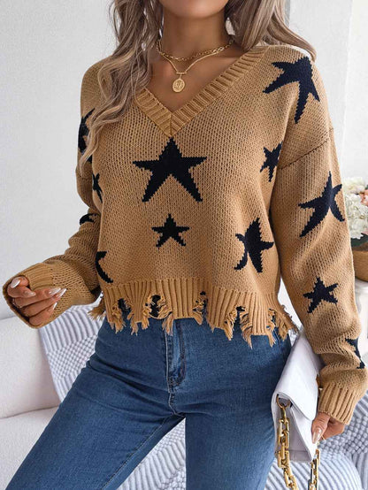 Women Casual V-Neck Star Distressed Long Sleeve Knit Sweater