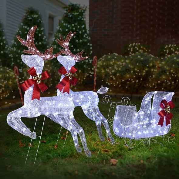 3-Piece Lighted Set - 2 Reindeer & Sleigh with 270 LED White Lights - DropOnline.co