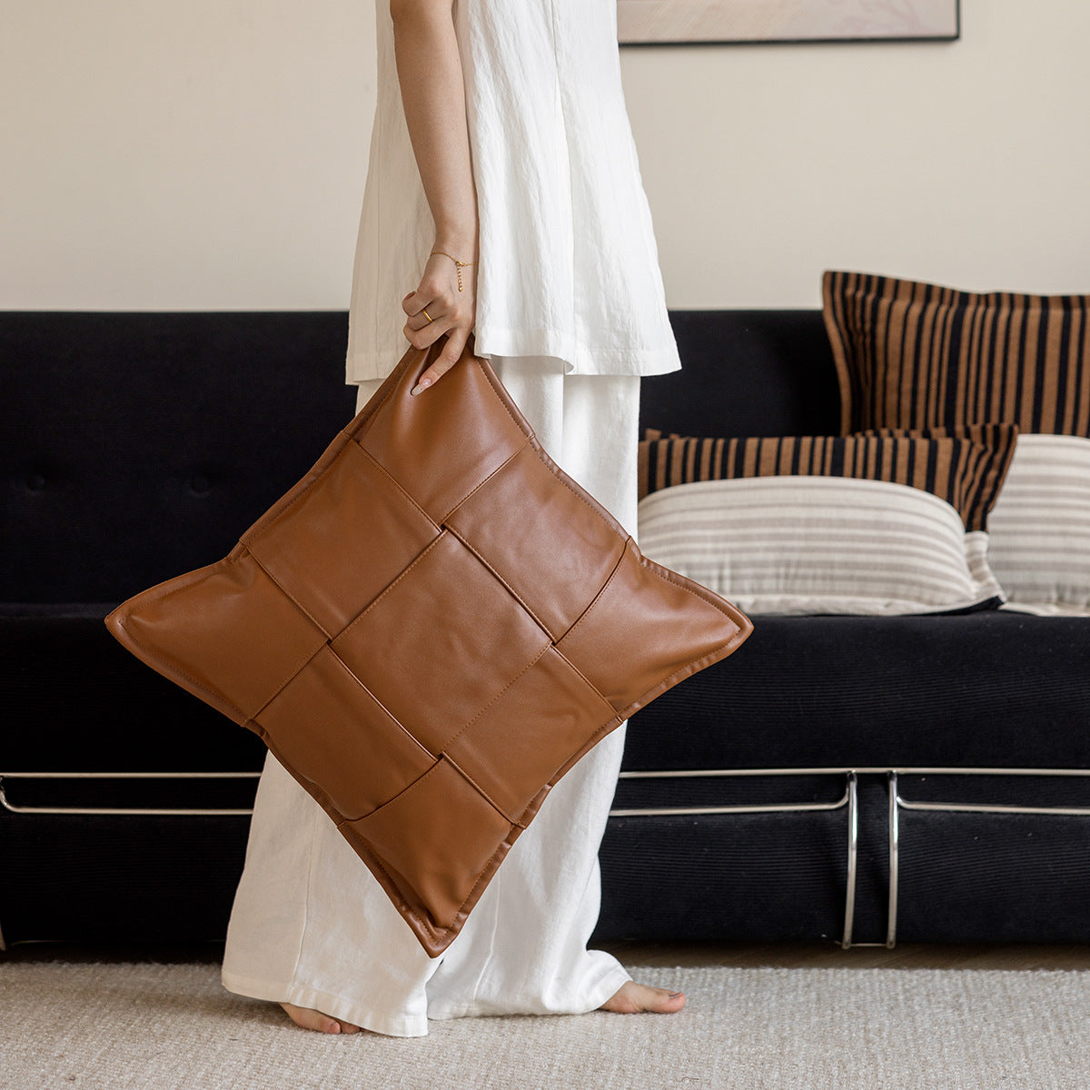 Leather Braid Decorative Pillow - Artisan Crafted Accent Cushion