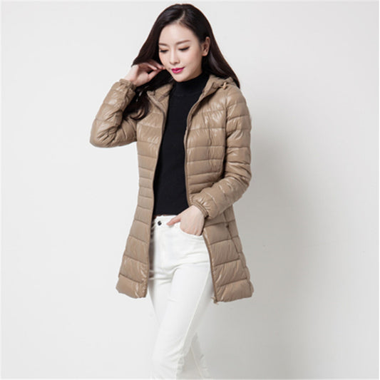 Slim-fitting hooded mid-length coat
