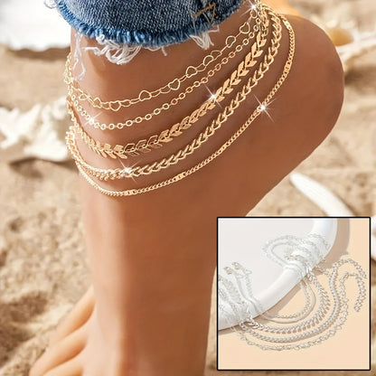 5Pcs Bohemian Airplane Chain Ankle Chain Fashion Design Heart-shaped Chain Anklets Women's Summer Beach On Foot Chain Jewelry - DropOnline.co
