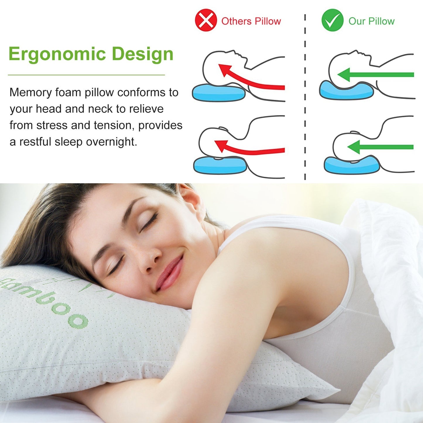 2Pcs Or 1Pcs Bamboo Memory Foam Pillow Hypoallergenic Bed Pillow For Head Neck Rest Sleeping Shredded Pillow Washable Cover Queen Size Pillow