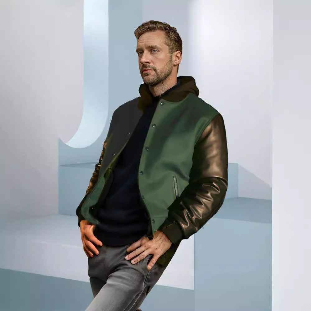 Men's PU Leather Sleeve Spliced Flight Jacket