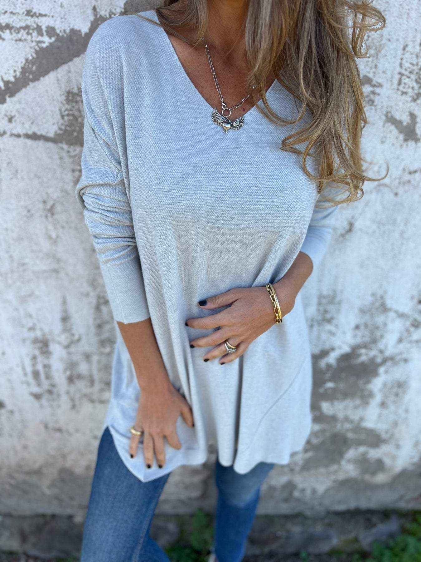 Solid Color V-neck Knitted Sweater Loose Top Women's Clothing