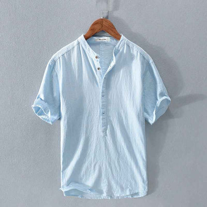 Men's Stand Collar Ice Silk Linen T-Shirt - Japanese Style Short Sleeve