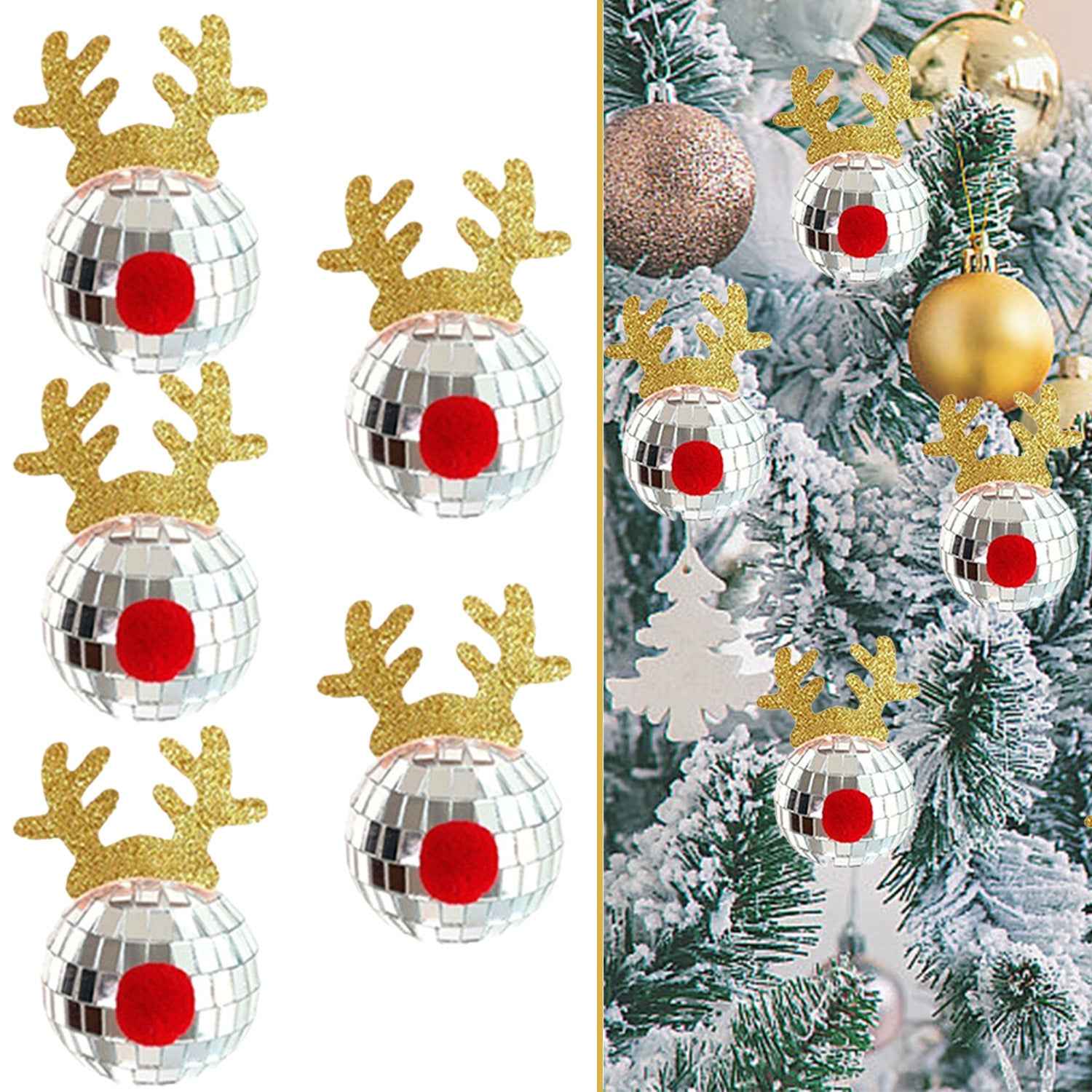 5 Pcs Christmas Silver Disco Mirror Ball - Reflective Elk Horns Xmas Ornaments (8x5x5cm) - DropOnline.co