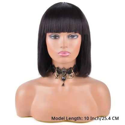 Brazilian Remy Non-toxic Wig, Straight Hair And Short Hair, Black. Human Hair Mechanism, Non-sticky And Non-toxic Wig With Bangs, Suitable For The Whole Scene. - DropOnline.co