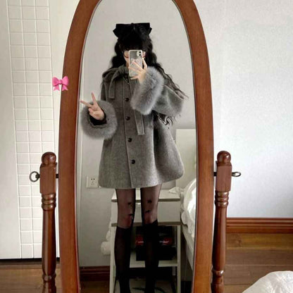 Gray Hepburn Style New Small Bow Coat