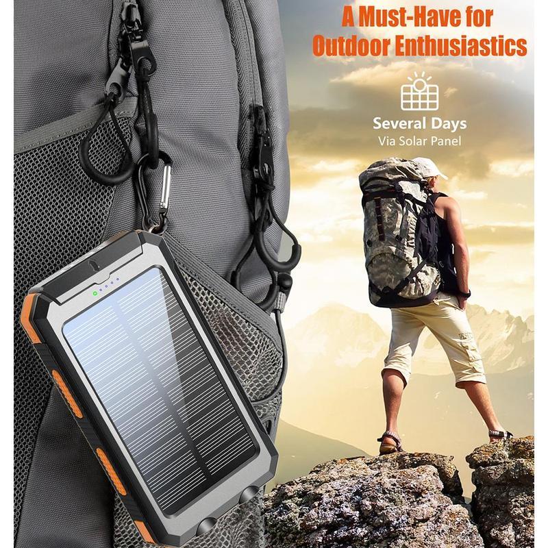 Solar Charger 8000mAh - Waterproof Portable Power Bank with LED Flashlight