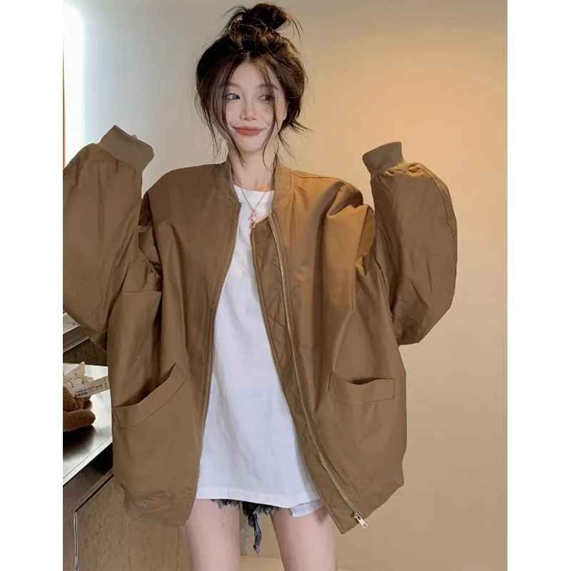 Retro Jacket Top Pilot Coffee Color Stand Collar