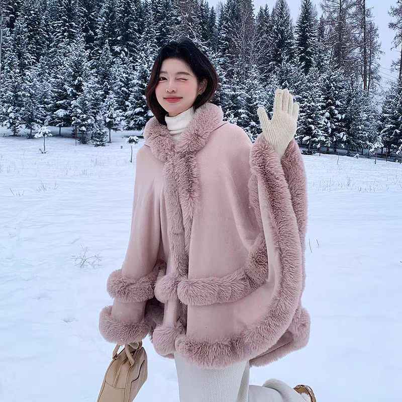 Loose Fur Collar Shawl, Cold-proof Fleece-lined Thick Coat