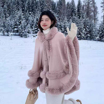 Loose Fur Collar Shawl, Cold-proof Fleece-lined Thick Coat