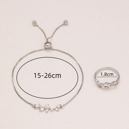 2pcs Fashion Silver Horse Eye Crystal Zircon Leaf Bracelet And Ring,Pulling Bracelet Suitable For Women's Daily Holiday Outfits - DropOnline.co