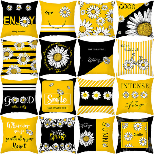 Modern Yellow Daisy Flower Cushion Cover - Creative Letter Print Pillow Case for Home