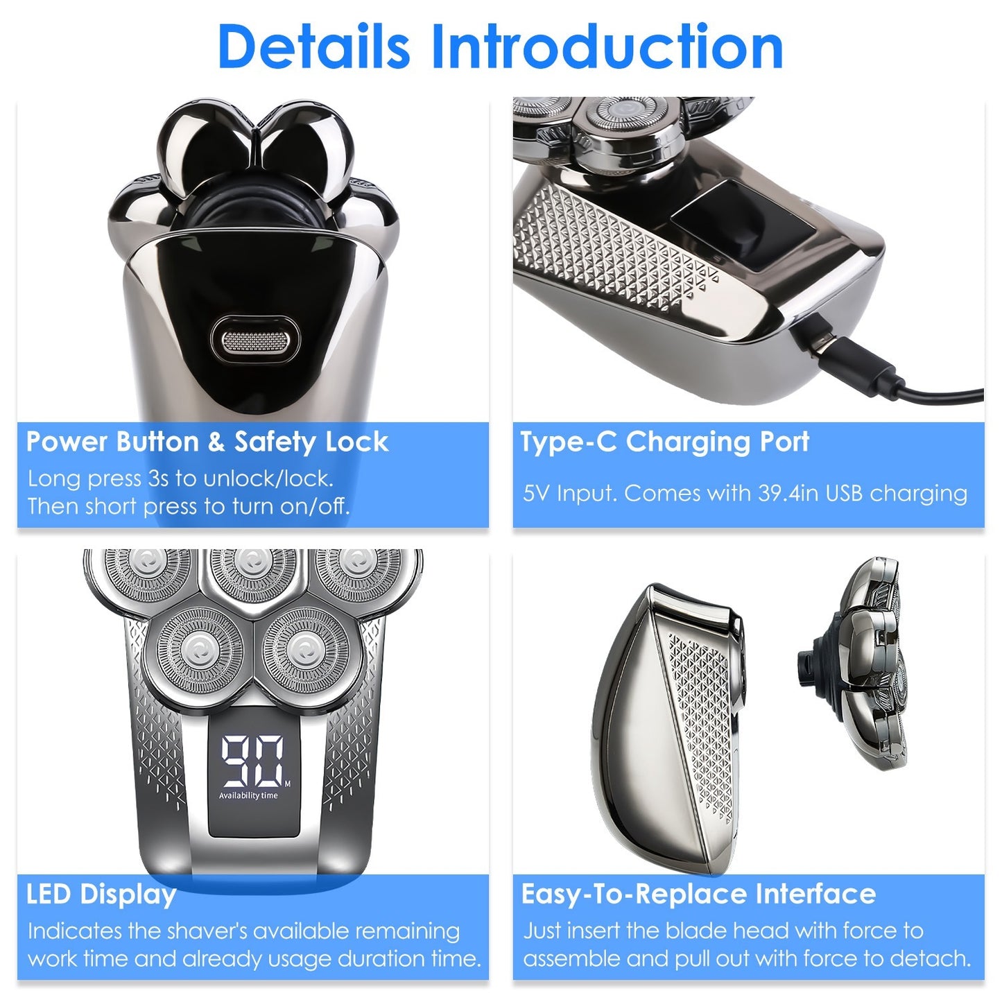 1Pc Head Shavers For Bald Men 5 In 1 7D Electric Rotary Razor Rechargeable Cordless Head Beard Trimmer Shaver Kit IPX6 Waterproof Dry Wet Grooming Kit With 3 Combs