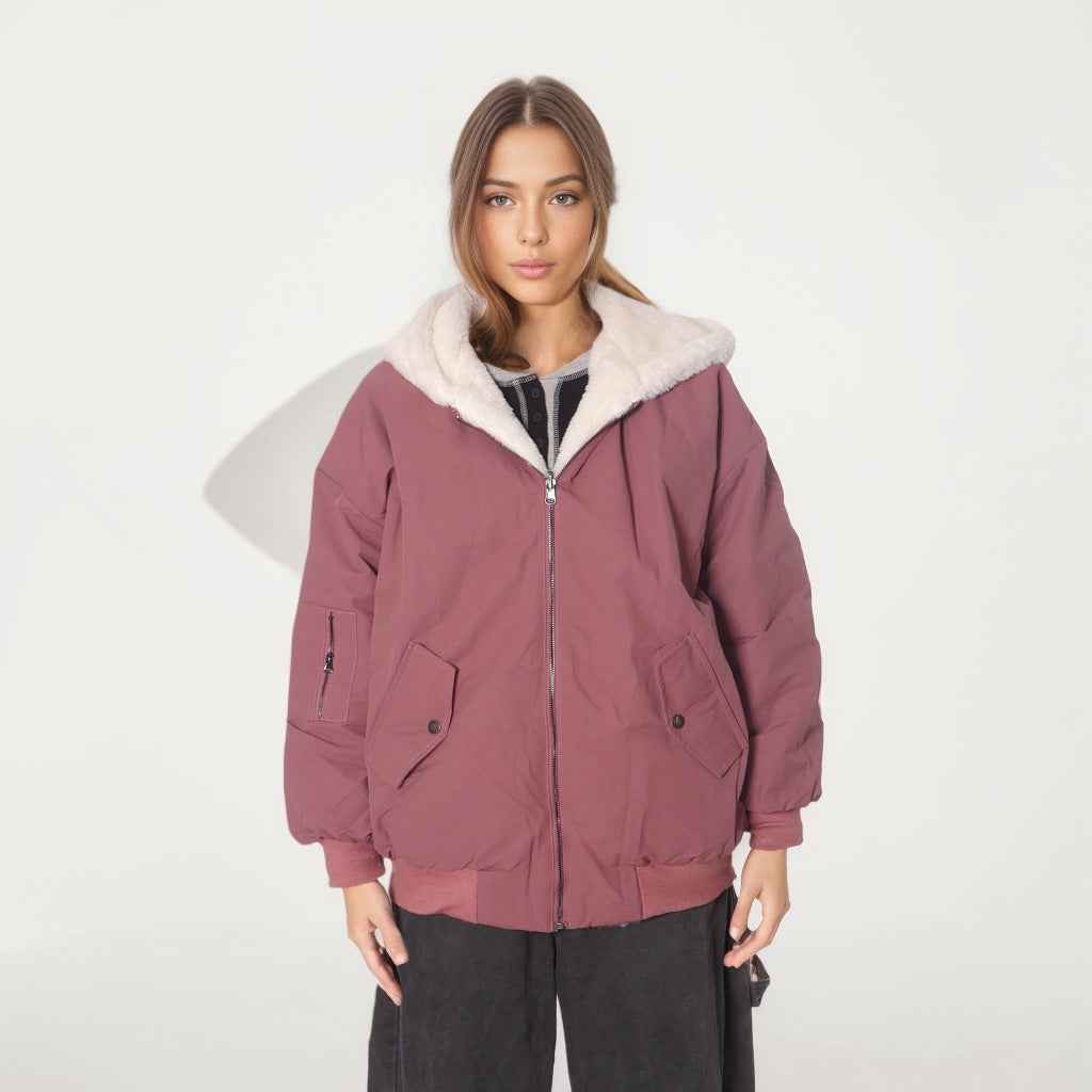 Double-sided Zipper Hooded Pocket Loose Thick Plush Coat