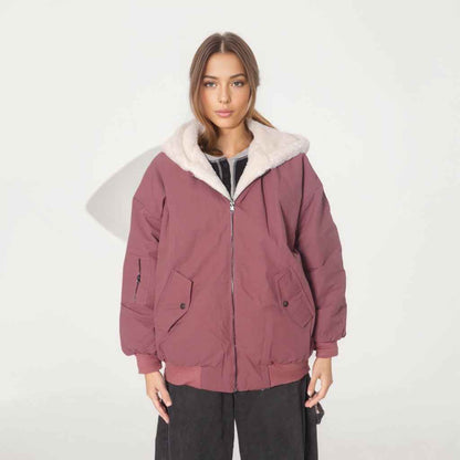 Double-sided Zipper Hooded Pocket Loose Thick Plush Coat