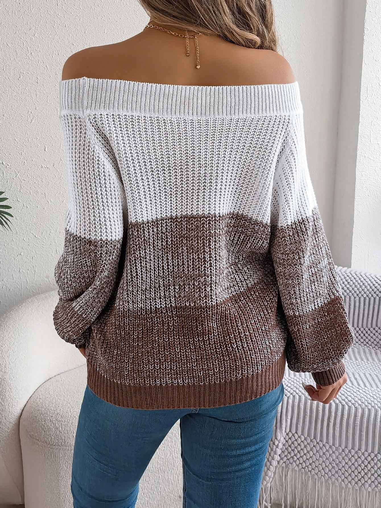 Women Casual Color Block Off-Shoulder Lantern Sleeve Pullover Sweater