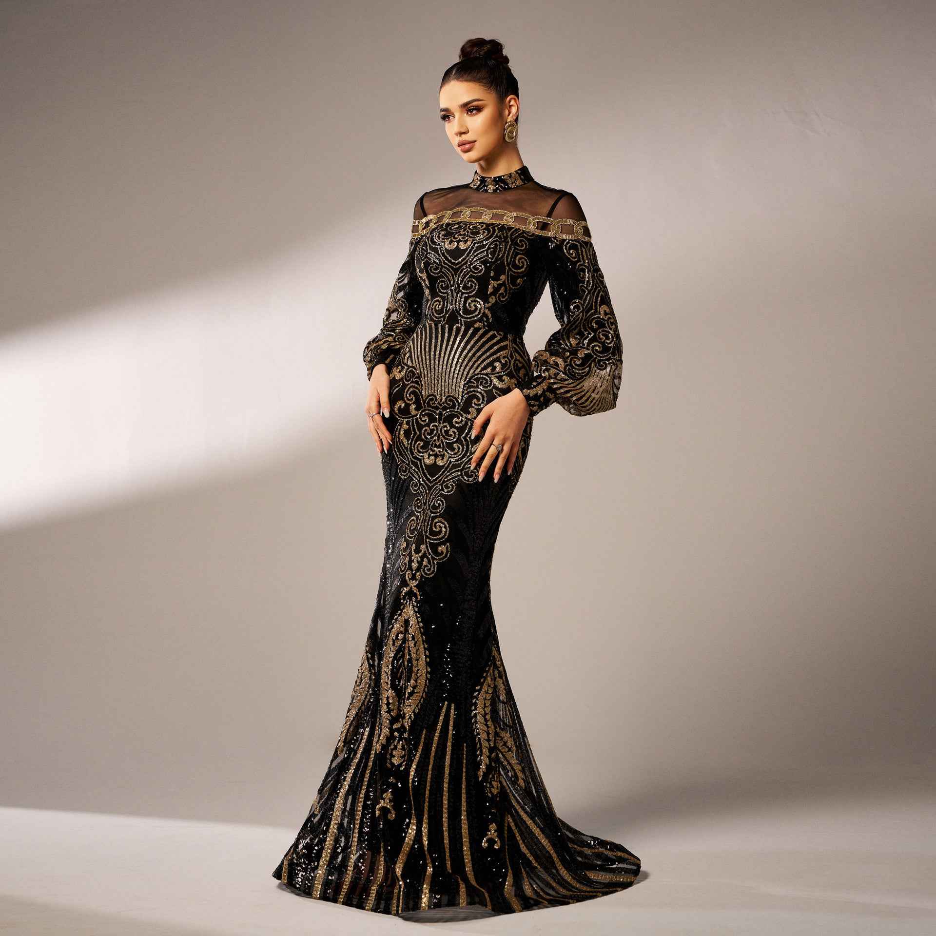 Long Sleeve Round Neck Sequins Mesh Fishtail Evening Dress