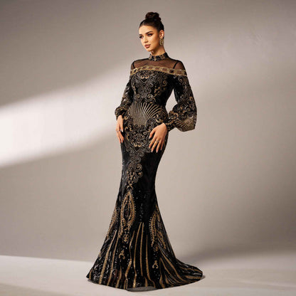 Long Sleeve Round Neck Sequins Mesh Fishtail Evening Dress