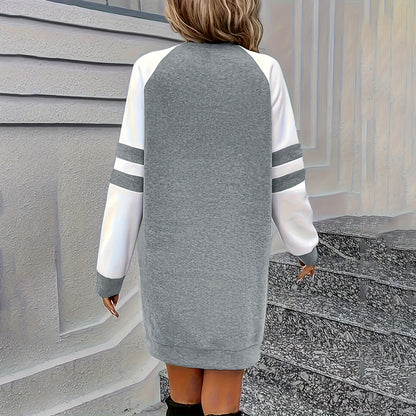 Women's Color Block Sweatshirt Dress Long Sleeve Crew Neck, Casual Short Pullover Tunic Dress - DropOnline.co