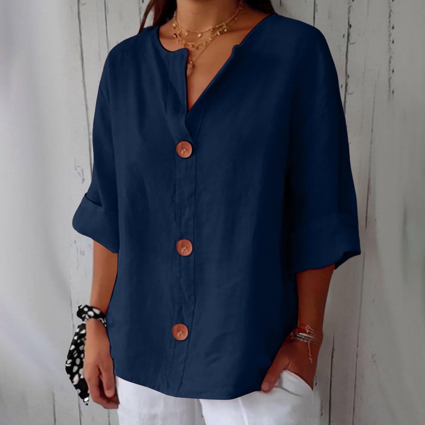 Loose V-Neck Cotton and Linen Button Top - Women's Casual Comfort Style