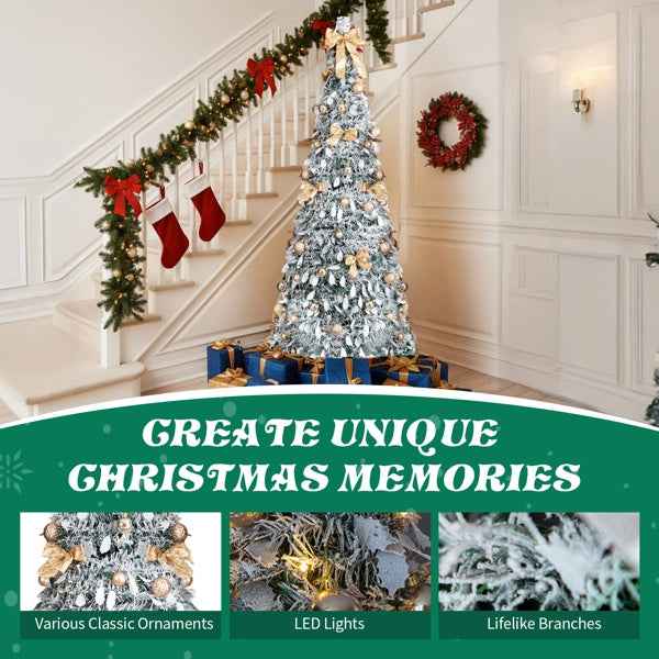 6 FT Snow Flocked Pre-lit Pop Up Christmas Tree with 100 Warm Lights & Ornaments