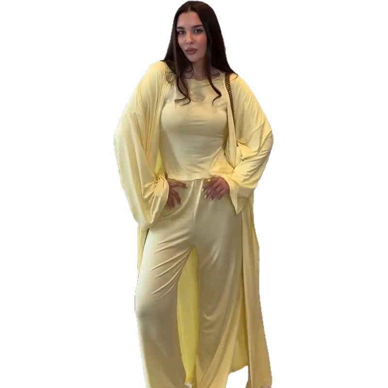 Women's Casual 3-Piece Set - Long Sleeve Coat, T-Shirt & Pants