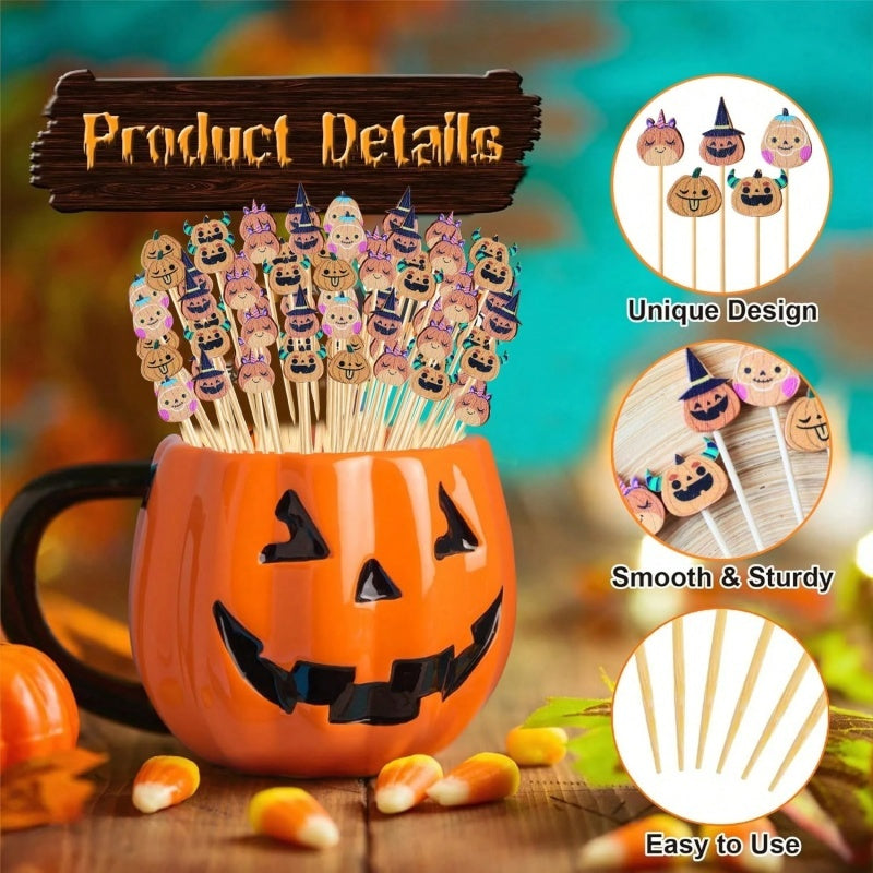Halloween Pumpkin Bamboo Cocktail Picks - Decorative Party Toothpicks