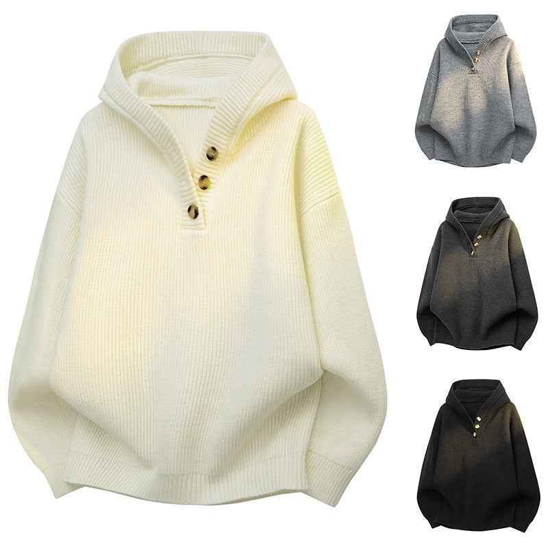 Autumn And Winter Loose Half-button Hooded Knit Sweater For Men