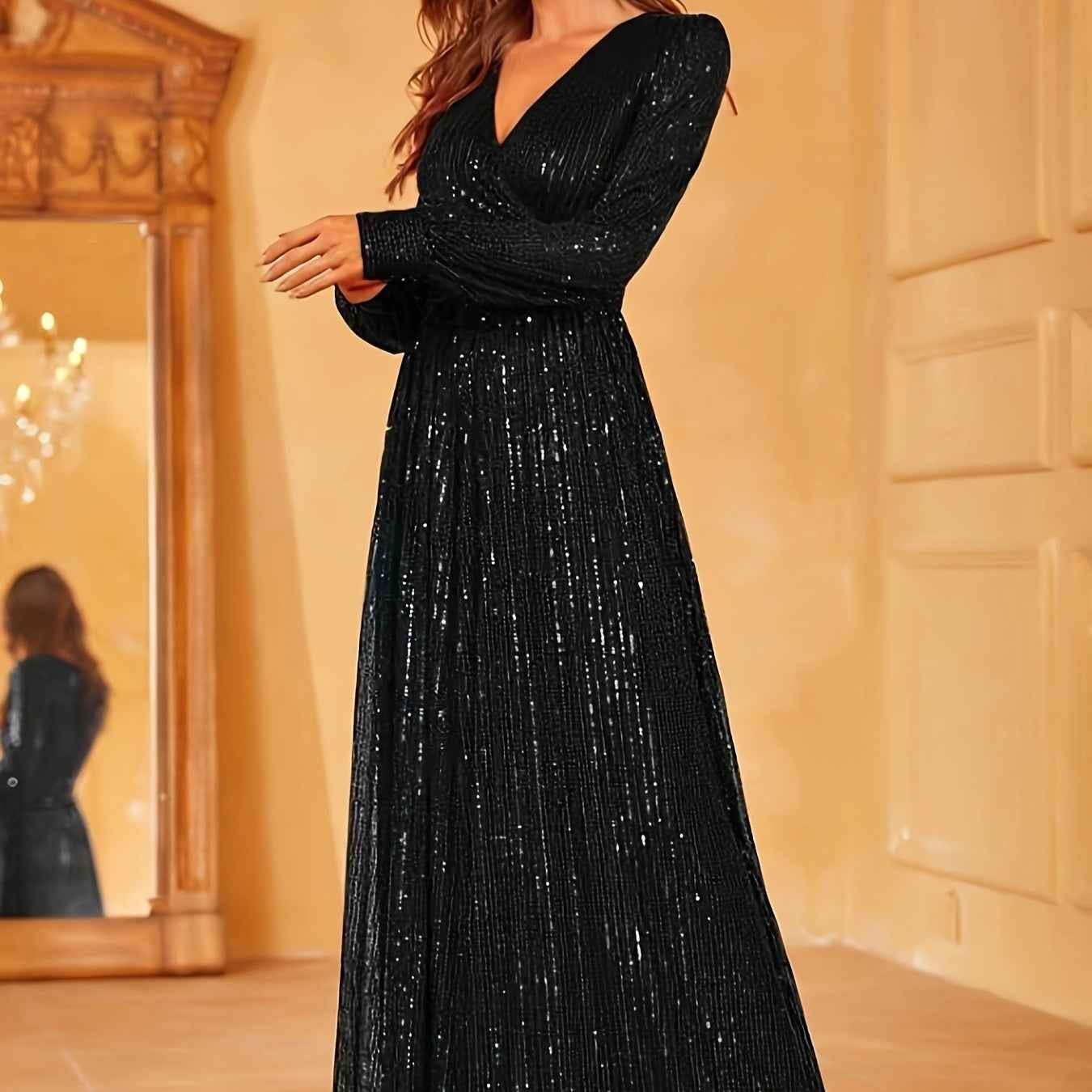Elegant Dinner Sequined Long Sleeve V-neck High Waist Evening Dress
