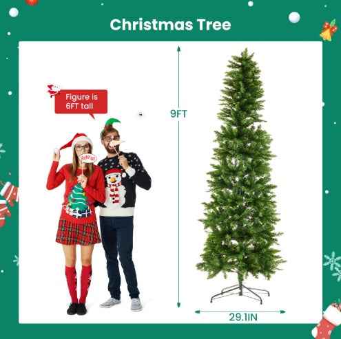 Pencil Christmas Tree, Prelighted Artificial Slim Christmas Trees With 250 Incandescent Lights, 571 Branch Tips & Foldable Base