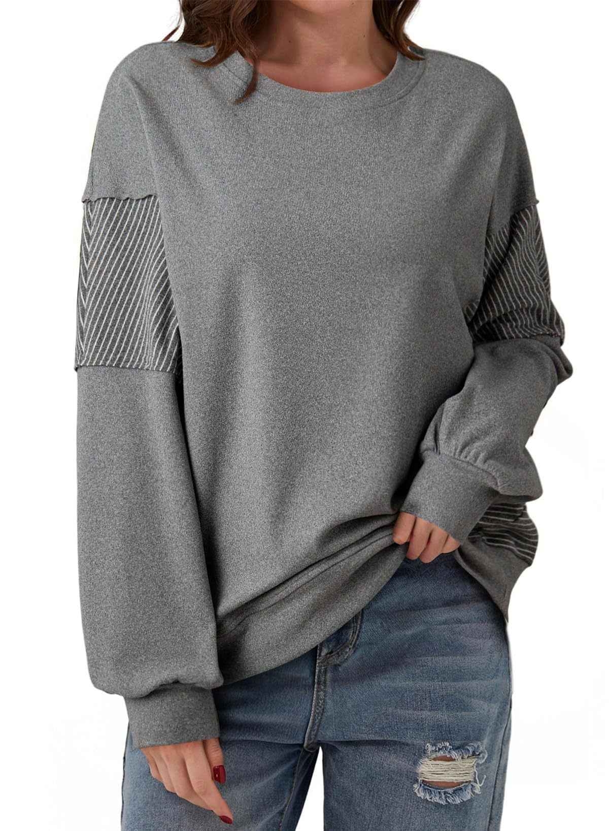 Striped Color-blocked Round Neck Versatile Casual Long-sleeved Sweatshirt