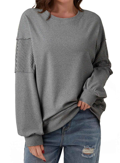 Striped Color-blocked Round Neck Versatile Casual Long-sleeved Sweatshirt