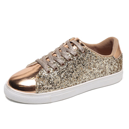 Plus Size Sequined Front Lace-up Solid Color Plus Size Board Shoes - DropOnline.co