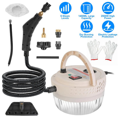 2500W Handheld High Temperature And Pressure Steamer Cleaner With 1400ML Tank 9 Accessories 6 Steam Levels For Dirt Grease Grout Tile Floor Couch Car - DropOnline.co