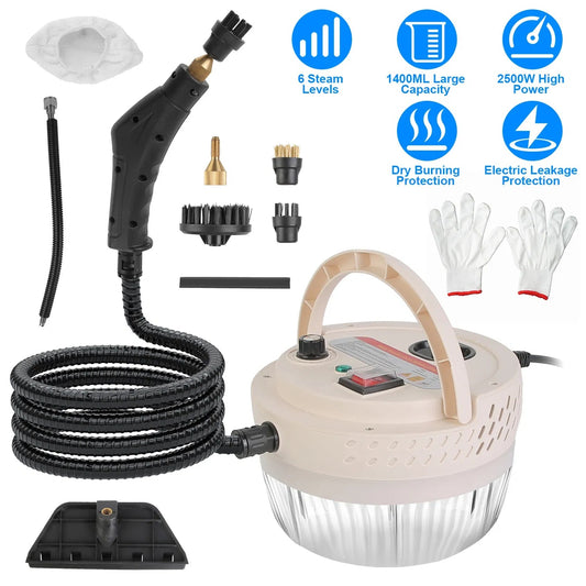 2500W Handheld High Temperature And Pressure Steamer Cleaner With 1400ML Tank 9 Accessories 6 Steam Levels For Dirt Grease Grout Tile Floor Couch Car