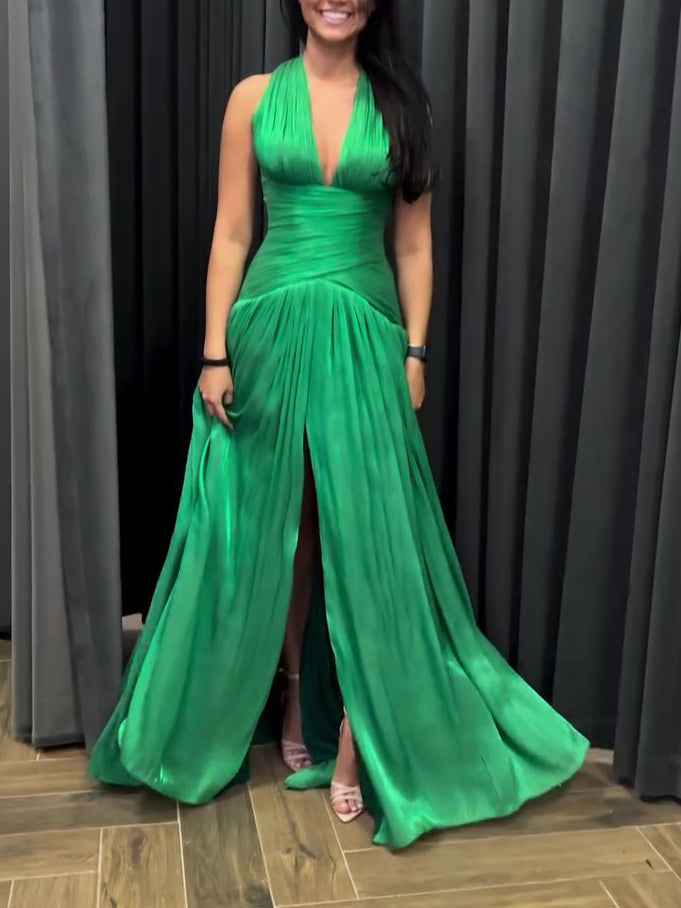 Emerald Green Plunging Neckline Gown With Pleated Skirt And Side Slit
