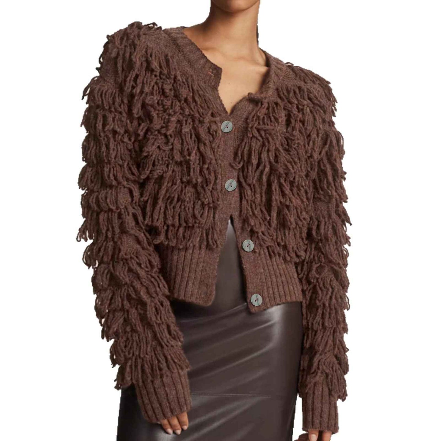 Women's Knit Cardigan Button Loop Fringe Sweater