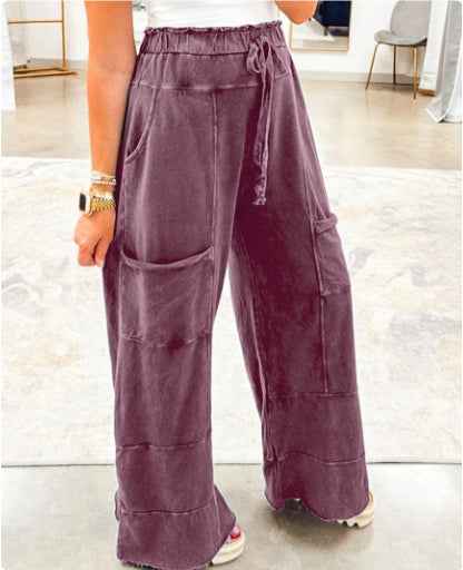 Medium Grey Mineral Wash Lace-up High Waist Raw Hem Patched Pocket Pants