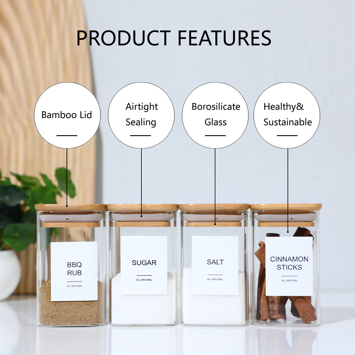 Square Spice Jars Set - 12 Piece with 72 Labels for Coffee, Tea & Kitchen Seasonings