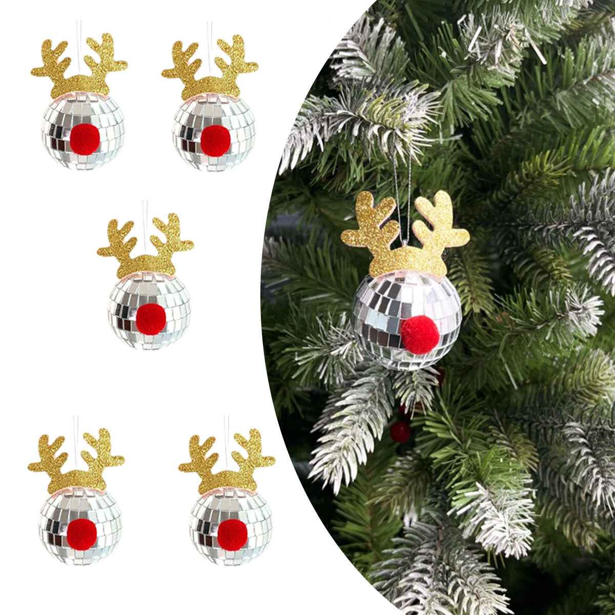 5 Pcs Christmas Silver Disco Mirror Ball - Reflective Elk Horns Xmas Ornaments (8x5x5cm) - DropOnline.co