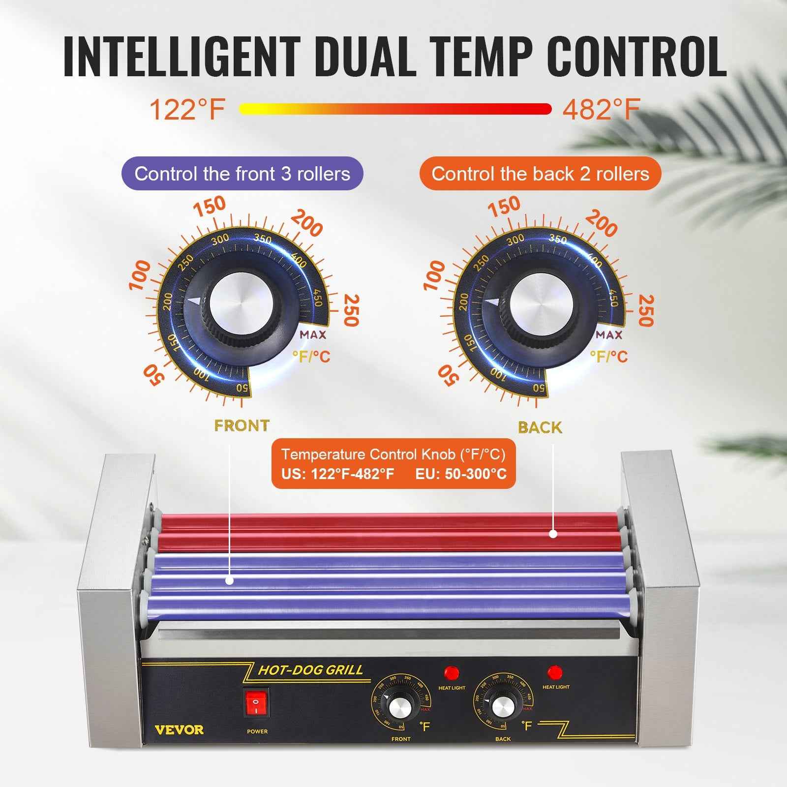 Hot Dog Roller 5 Rollers 12 Hot Dogs Capacity, 750W Stainless Sausage Grill Cooker Machine With Dual Temp Control Glass Hood Acrylic Cover Bun Warmer Shelf Removable Oil Drip Tray ETL Certified