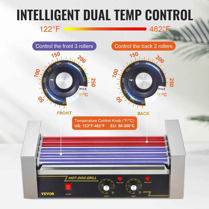 Hot Dog Roller 5 Rollers 12 Hot Dogs Capacity, 750W Stainless Sausage Grill Cooker Machine With Dual Temp Control Glass Hood Acrylic Cover Bun Warmer Shelf Removable Oil Drip Tray ETL Certified