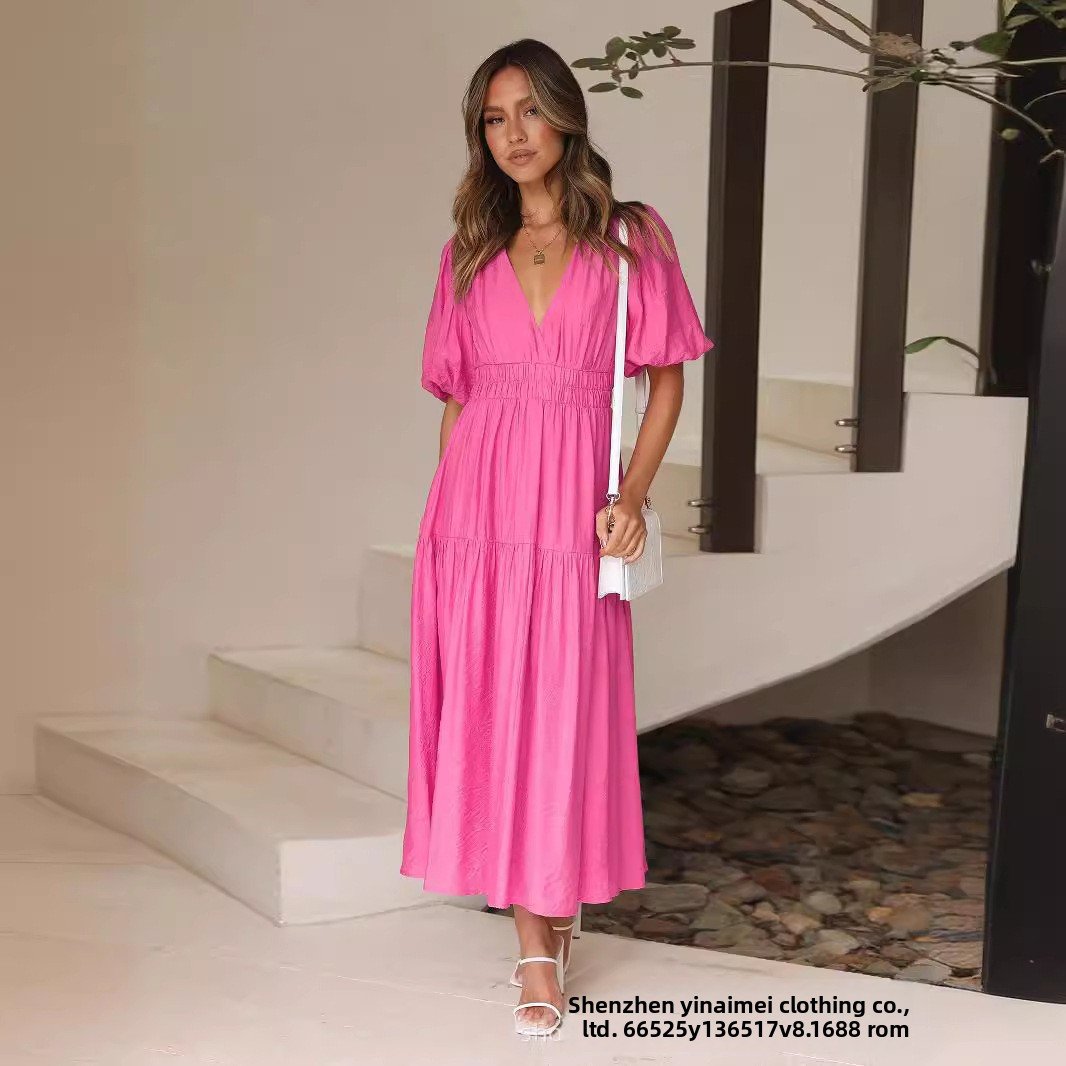 Deep V Puffed Sleeve Vacation Dress - Romantic Resort Style for Women