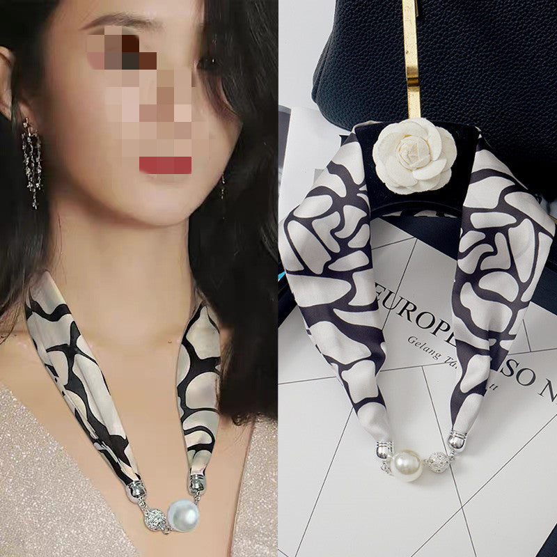 Magnetic Buckle Silk Scarf with Pearl Necklace - Women's Fashion Accessory